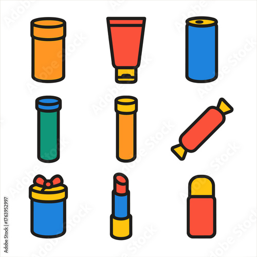 Bright Packaging Icons. Flat vector icons of cylindrical and tube packaging: paperboard tube icon, cosmetic squeeze tube, aluminum