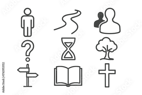 Existential Icons. Line style icons of Existentialism: Person, Path, Shadow, Question Mark, Hourglass, Tree, Crossroads, Book, No