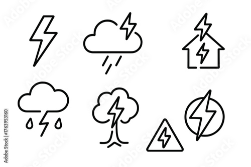 Lightning Storm Icons. Line style icons of Lightning Storm: Bolt, Thundercloud, Rod, Power Surge, Rain, Tree, Warning Sign, Flash,