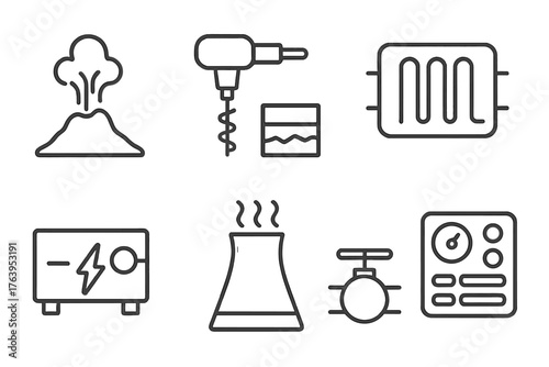 Geothermal Energy Icons. Line style icons of Geothermal Energy: Steam Vent, Drill, Rock Layer, Heat Exchanger, Generator, Cooling