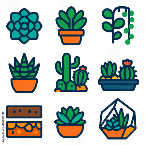 Vibrant Succulent Icons. Flat vector icons of succulents and small plants: echeveria rosette, haworthia in pot, jade plant icon,