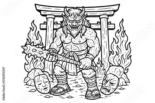 Oni Demon Art. Oni demon with a spiked club standing in front of torii gates, broken masks, and glowing fires, black and white