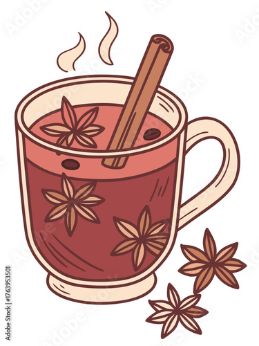 Cozy mulled wine with spices in cup, featuring warm colors and aroma rising, combined with anise stars and cinnamon stick. This comforting mulled wine concept evokes warmth for winter gatherings.