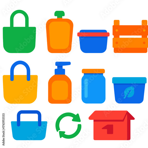 Reusable Packaging Icons. Flat vector icons of reusable packaging types: cloth shopping bag, silicone food pouch, reusable meal