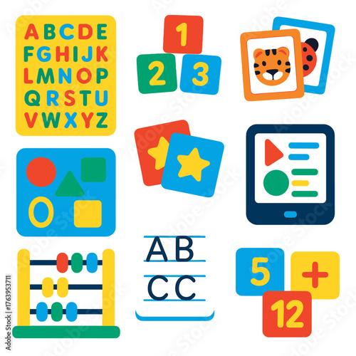 Educational Kids Icons. Flat vector icons of kids learning and educational games: alphabet puzzle board, colorful number blocks,