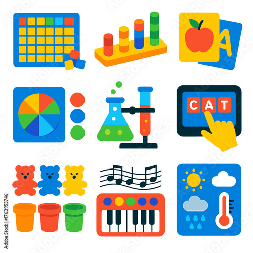 Educational Kids Icons. Flat vector icons of kids learning and educational games: build a calendar with days and months,
