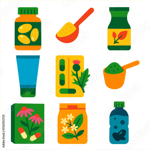 Vibrant Health Icons. Flat vector icons of health supplements and natural remedies: vitamin E softgels in container, powdered