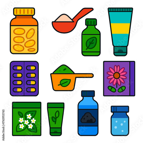 Vibrant Health Icons. Flat vector icons of health supplements and natural remedies: vitamin E softgels in container, powdered