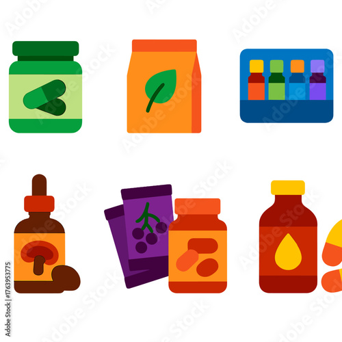 Health Supplement Icons. Flat vector icons of health supplements and natural remedies: spirulina capsules jar, herbal energy tea