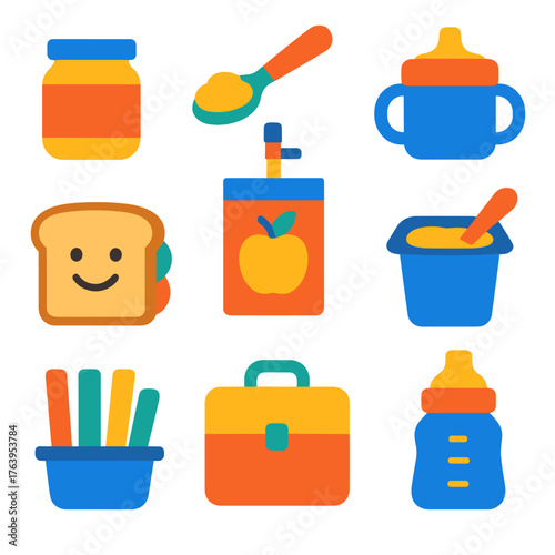 Bright Kids' Food Icons. Flat vector icons of kids' food and snacks: baby food jar, spoon with puree, sippy cup icon, fruit snack