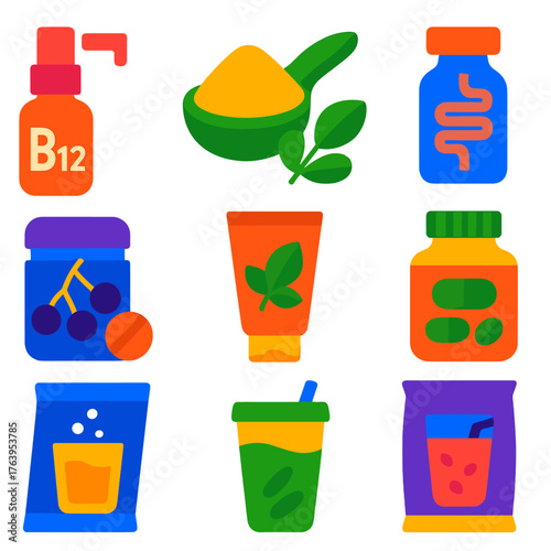 Health Supplement Icons. Flat vector icons of health supplements and natural remedies: vitamin B12 spray bottle, maca root powder