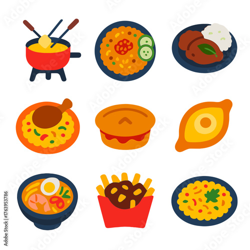 International Cuisine Icons. Flat vector icons of international cuisine and world foods: Swiss fondue pot with bread, Indonesian