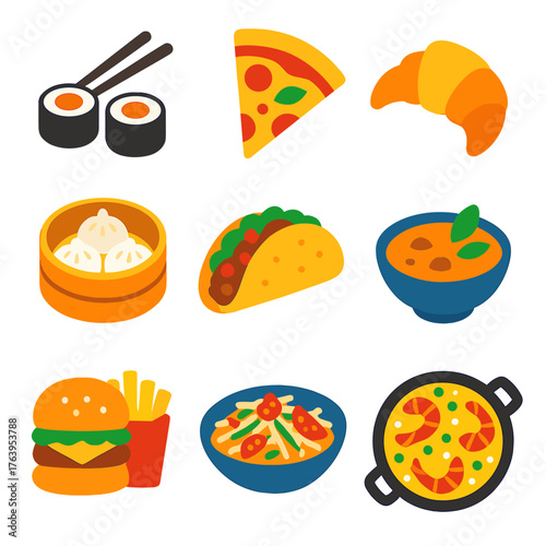 International Cuisine Icons. Flat vector icons of international cuisine and world foods: sushi rolls with chopsticks, Italian