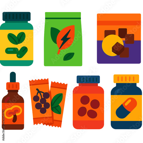 Health Supplement Icons. Flat vector icons of health supplements and natural remedies: spirulina capsules jar, herbal energy tea