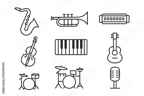 Jazz Icons Fusion. Line style icons of Jazz & Blues Fusion: Saxophone, Trumpet, Harmonica, Double Bass, Piano, Guitar, Drum Kit,