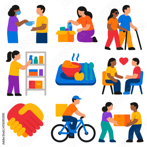 Volunteerism Flat Icons. Flat vector icons of volunteerism and social good: handing out face masks, packing hygiene kits, guiding