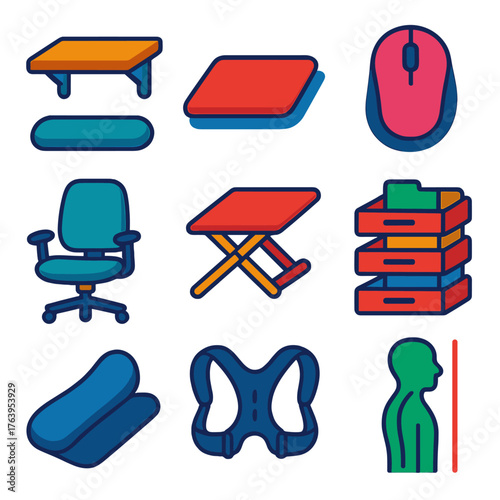 Ergonomic Office Icons. Flat vector icons of home office ergonomics and setup: floating wall desk shelf, noise-dampening floor rug