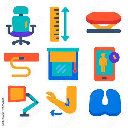 Ergonomic Office Setup Icons. Flat vector icons of home office ergonomics and setup: chair with adjustable lumbar support, height