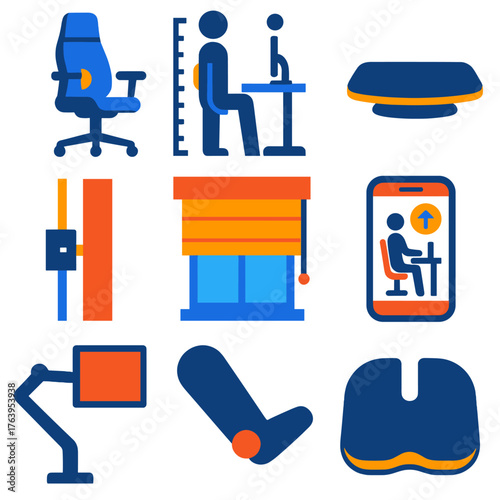 Ergonomic Office Setup Icons. Flat vector icons of home office ergonomics and setup: chair with adjustable lumbar support, height