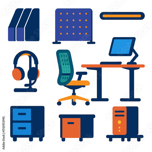 Modern Home Office Icons. Flat vector icons of home office ergonomics and setup: vertical document organizer, soundproof desk