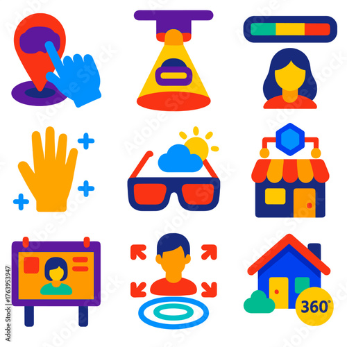 Metaverse Icon Set. Flat vector icons of virtual reality and metaverse items: interactive VR map marker, digital stage spotlight,