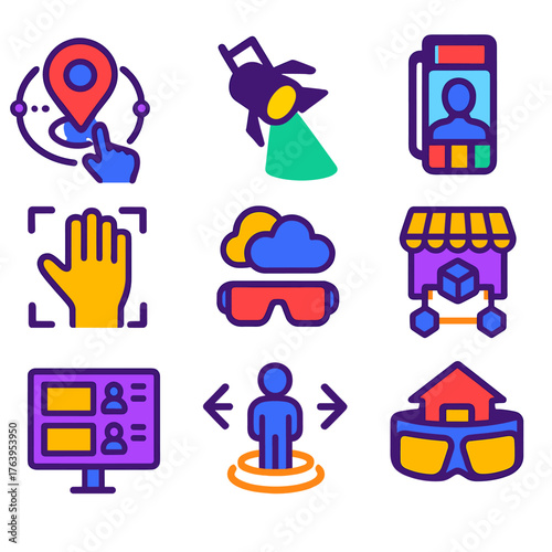 Metaverse Icon Set. Flat vector icons of virtual reality and metaverse items: interactive VR map marker, digital stage spotlight,