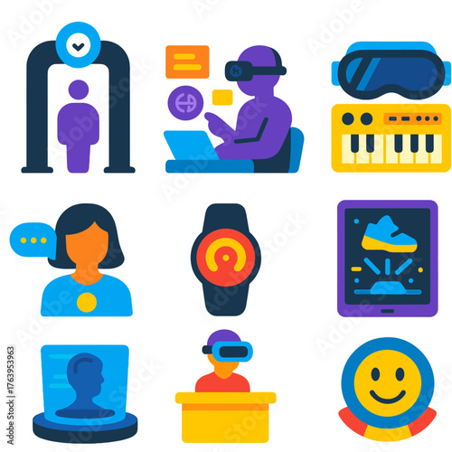 Virtual Reality Icons. Flat vector icons of virtual reality and metaverse items: virtual security scan arch, immersive workspace