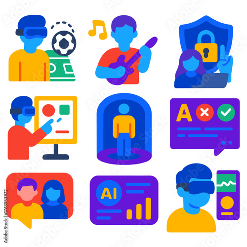 Modern Metaverse Icons. Flat vector icons of virtual reality and metaverse items: immersive sports coaching icon, avatar musical