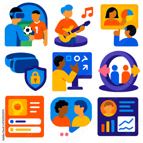 Modern Metaverse Icons. Flat vector icons of virtual reality and metaverse items: immersive sports coaching icon, avatar musical