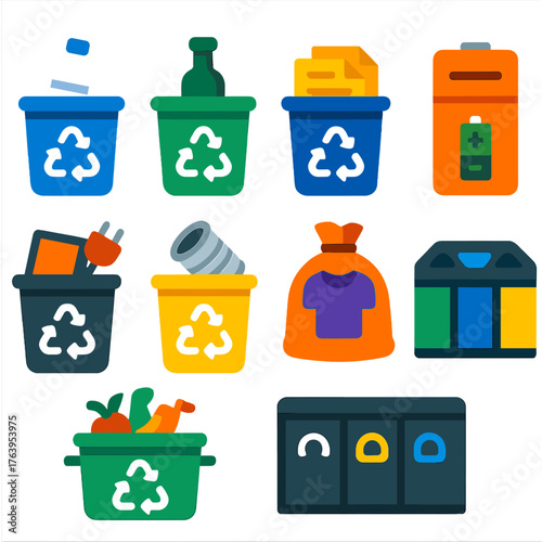 Waste Sorting Icons. Flat vector icons of waste sorting and recycling systems: plastic bottle in recycle bin, glass container in