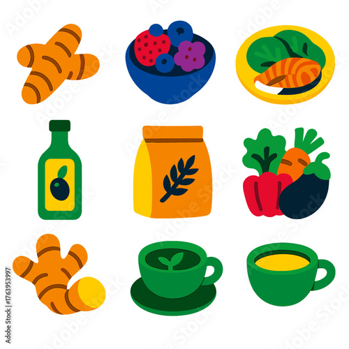 Anti-Inflammatory Food Icons. Flat vector icons of anti-inflammatory foods: turmeric root icon, berries bowl, leafy greens plate,