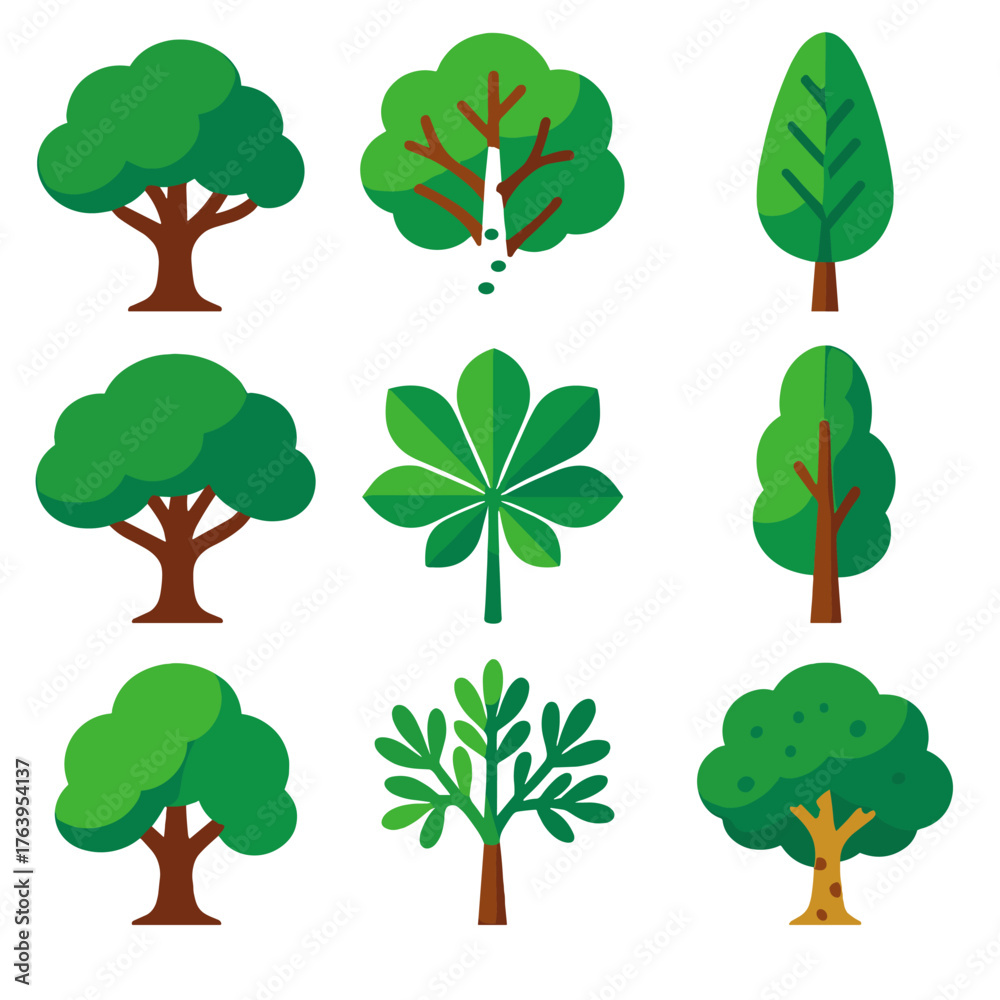 Fototapeta premium Bright Tree Icons. Flat vector icons of deciduous trees: oak tree with full green crown, maple tree with spreading branches, birch