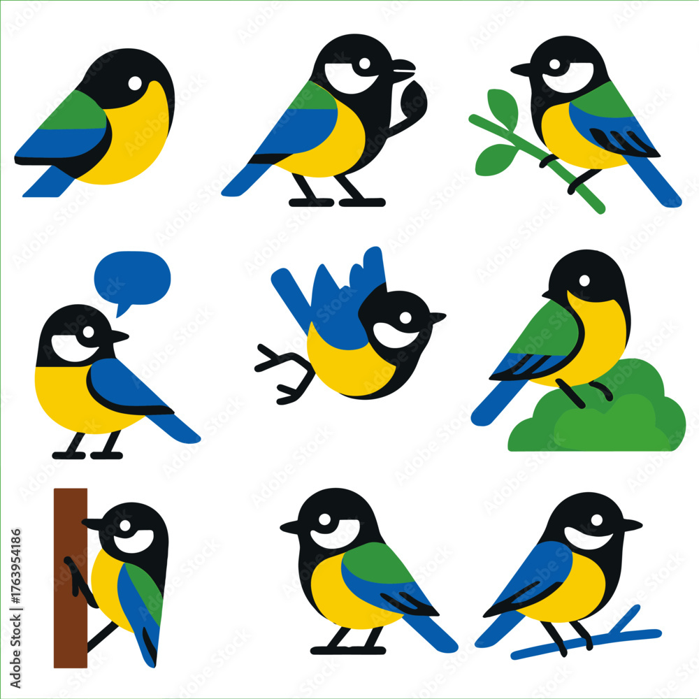 Obraz premium Colorful Tit Bird Icons. Flat vector icons of tit birds: abstract tit in geometric shapes, tit holding a seed, great tit on vine