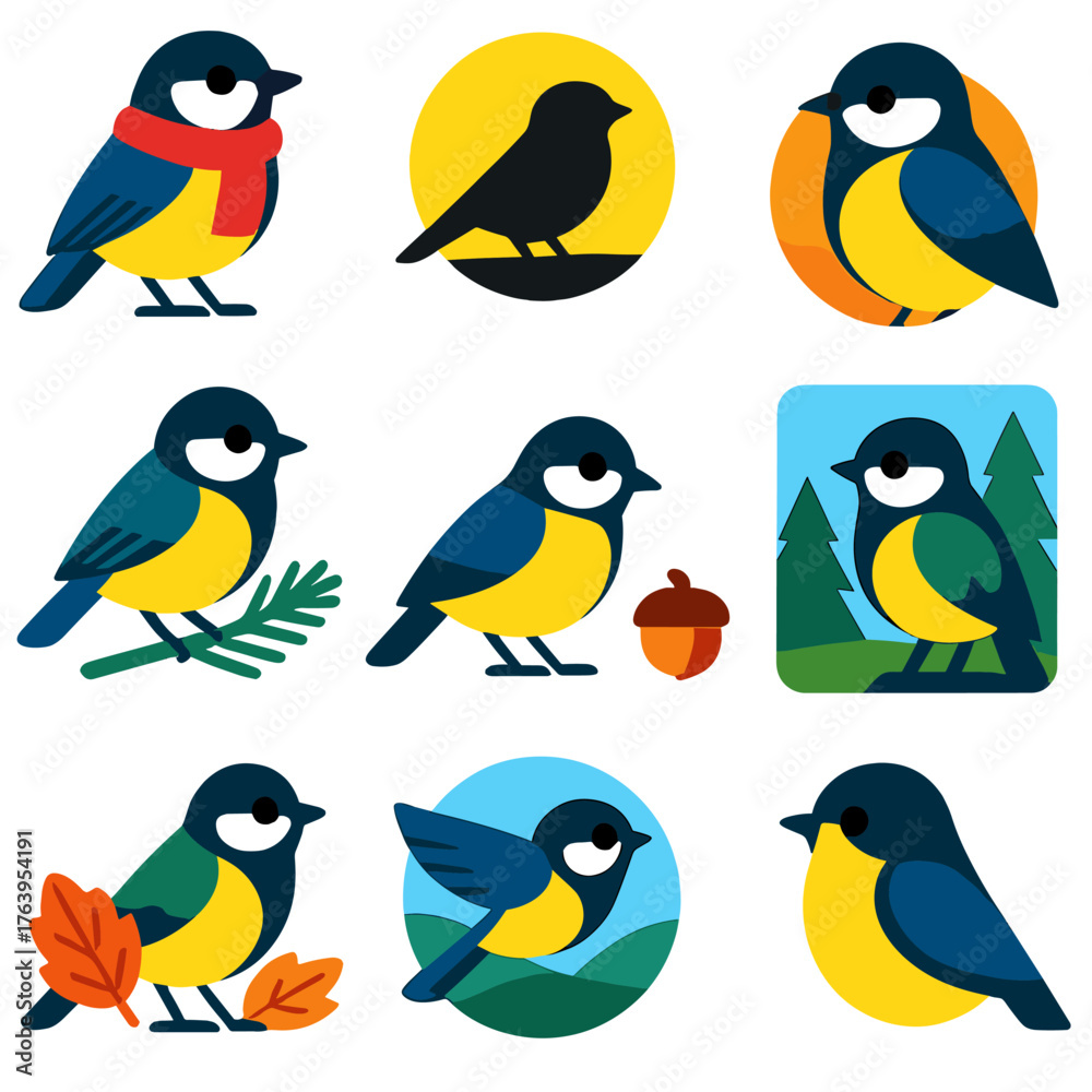 Naklejka premium Tit Bird Icons. Flat vector icons of tit birds: tit with winter scarf, tit on pine branch, tit next to acorn. Tit silhouette on