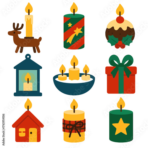 Festive Candle Icons. Flat vector icons of Christmas candles: tall candle in reindeer holder, striped wax with falling star print,