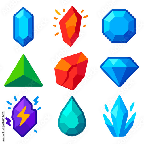 Vibrant Crystal Icons. Flat vector icons of crystals: hexagonal crystal rod, glowing ruby shard, translucent sapphire icon.