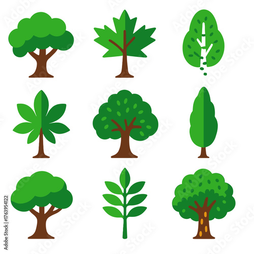 Vibrant Tree Icons. Flat vector icons of deciduous trees: oak tree with full green crown, maple tree with spreading branches,