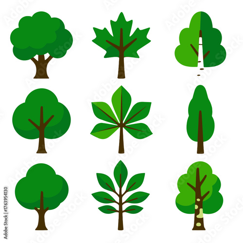 Vibrant Tree Icons. Flat vector icons of deciduous trees: oak tree with full green crown, maple tree with spreading branches,