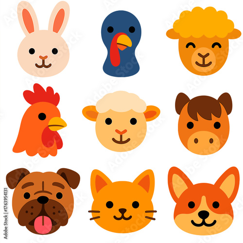 Bright Animal Faces. Flat vector icons of cute farm and domestic animals heads: fluffy rabbit head, turkey with wattle, alpaca