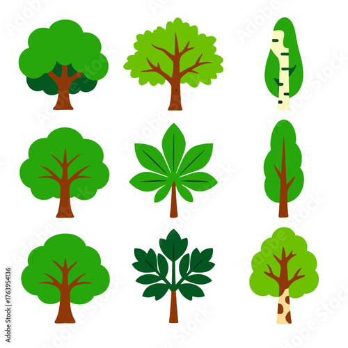 Colorful Tree Icons. Flat vector icons of deciduous trees: oak tree with full green crown, maple tree with spreading branches,