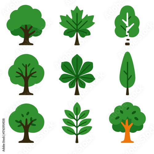 Bright Tree Icons. Flat vector icons of deciduous trees: oak tree with full green crown, maple tree with spreading branches, birch