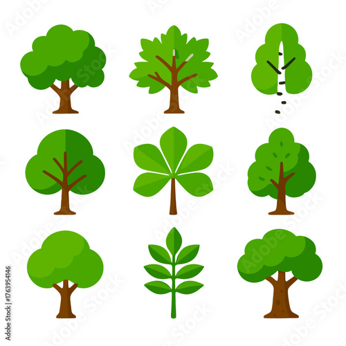 Colorful Tree Icons. Flat vector icons of deciduous trees: oak tree with full green crown, maple tree with spreading branches,