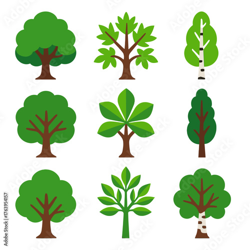 Bright Tree Icons. Flat vector icons of deciduous trees: oak tree with full green crown, maple tree with spreading branches, birch
