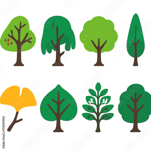 Vibrant Tree Icons. Flat vector icons of deciduous trees: mountain ash tree with sharp limbs, drooping willow with split ends,