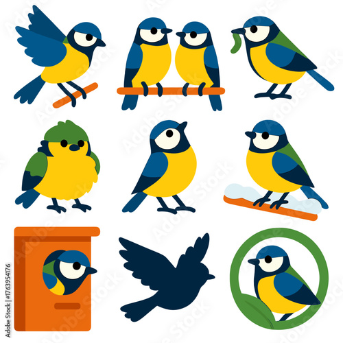 Tit Bird Icon Set. Flat vector icons of tit birds: tit landing on twig, pair of tits sitting together, tit with worm in beak.