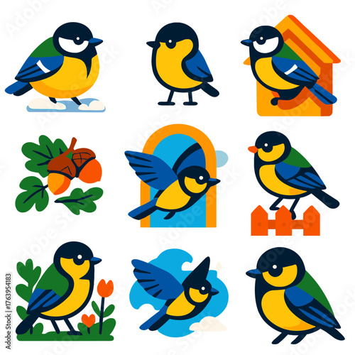 Vibrant Tit Bird Icons. Flat vector icons of tit birds: fat tit on snowy perch, cartoon-style tit with tiny legs, tit above