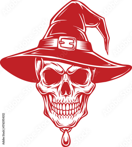 Red Witch Skull With Dripping Beak And Hat On White Background Keywords: skull, witch, hat, spooky, scary, halloween, horror, dark