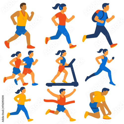 Dynamic Running Icons. Flat vector icons of running men and women: marathon runner with medal, woman jogging with headphones, man