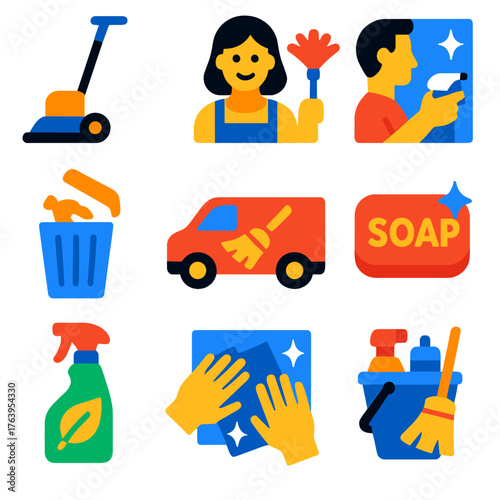 Cleaning Service Icons. Flat vector icons of cleaning service: floor polisher machine, woman with feather duster, man spraying