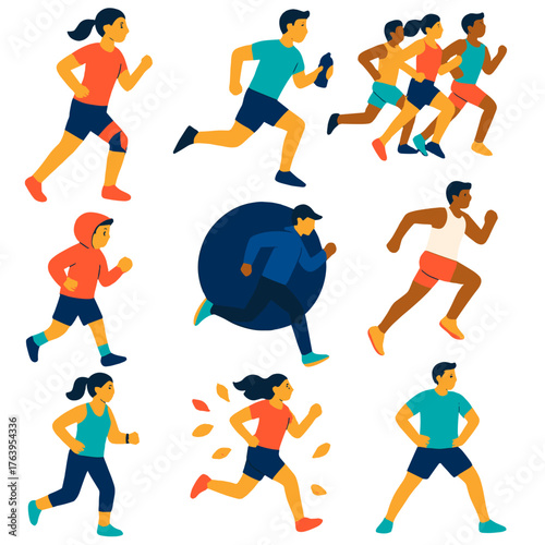 Dynamic Running Icons. Flat vector icons of running men and women: woman runner with knee brace, man sprinting with water bottle